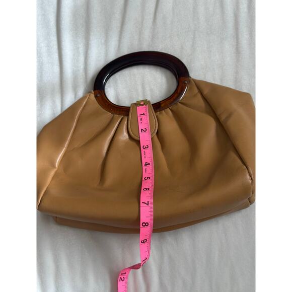 Vintage Tan Smooth Leather Stocko Clutch Purse Handbag Bakelite Lucite Handles - Picture 9 of 13